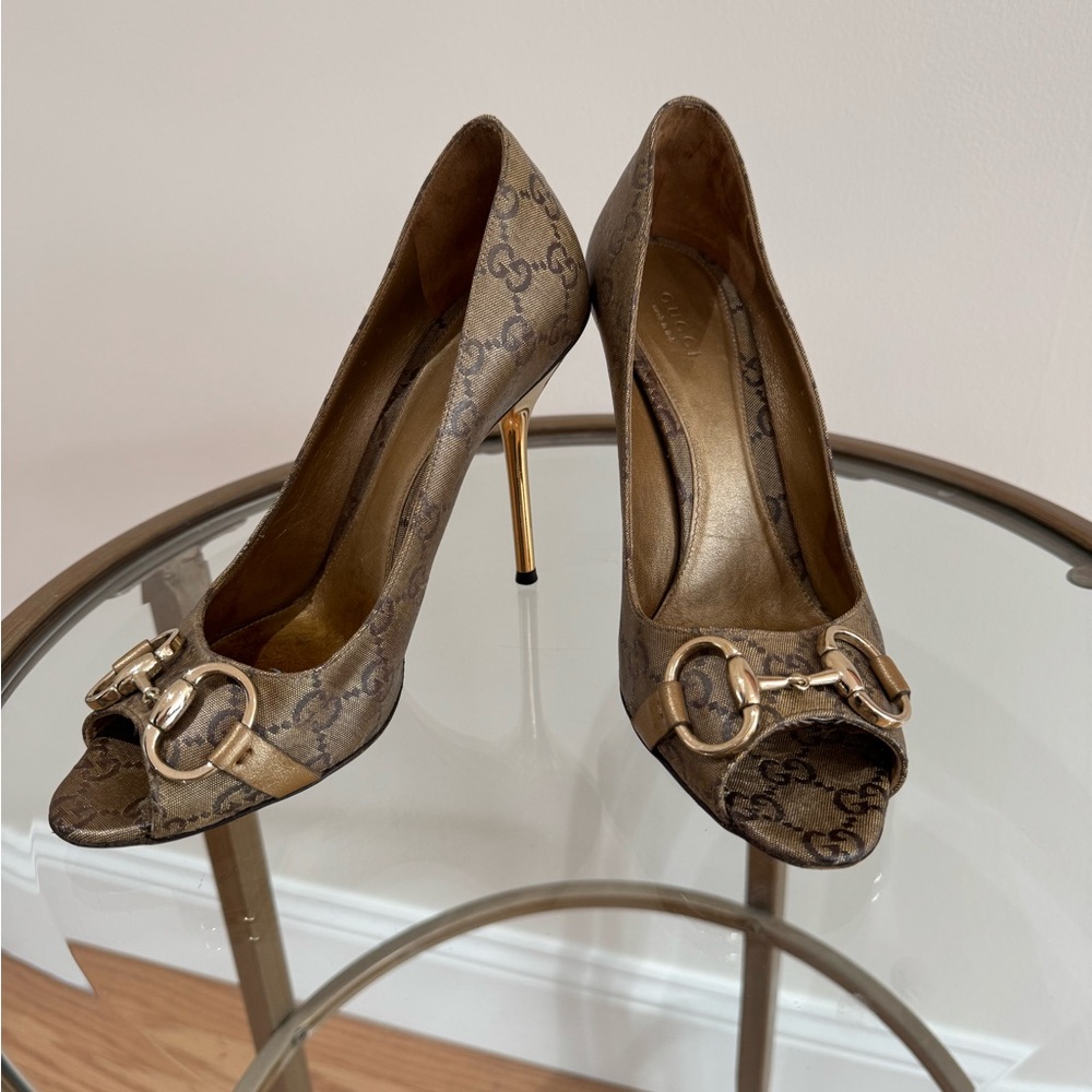 Gucci Monogram Brown Heels with Gold Detail